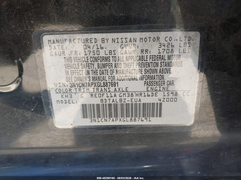2016 Nissan Versa 1.6 S/1.6 S+/1.6 Sl/1.6 Sv VIN: 3N1CN7APXGL887691 Lot: 45290160