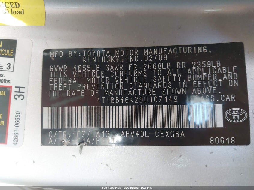 2009 Toyota Camry Hybrid VIN: 4T1BB46K29U107149 Lot: 45290162