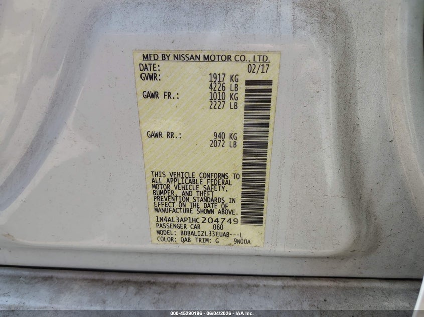 VIN 1N4AL3AP1HC204749 2017 NISSAN ALTIMA 2.5 SV