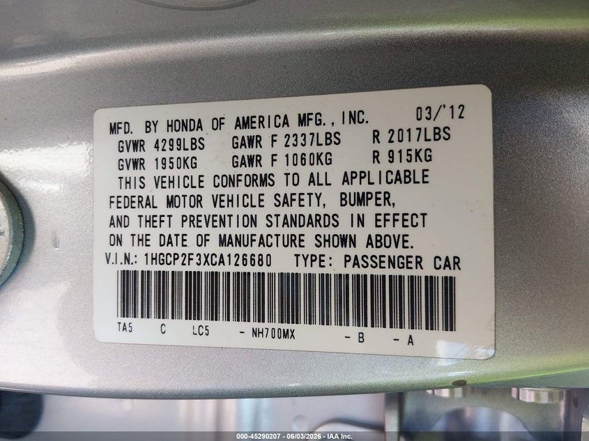 2012 Honda Accord 2.4 2.4 Lx silver Lot 111045290207 Vin 1HGCP2F3XCA126680