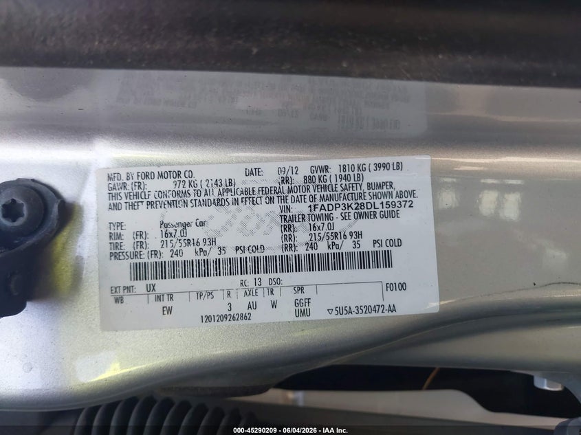 2013 Ford Focus Se VIN: 1FADP3K28DL159372 Lot: 45290209