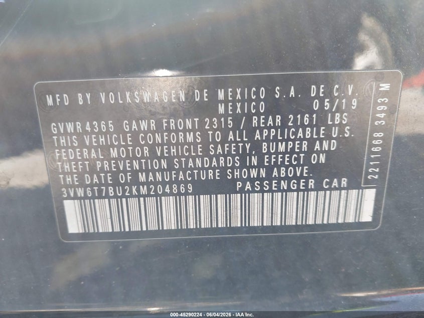 2019 Volkswagen Jetta Gli 2.0T 35Th Anniversary Edition/2.0T Autobahn/2.0T S VIN: 3VW6T7BU2KM204869 Lot: 45290224
