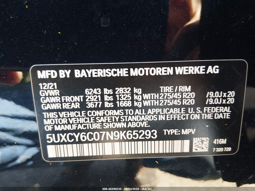 2022 BMW X6 xDrive40I VIN: 5UXCY6C07N9K65293 Lot: 45290230