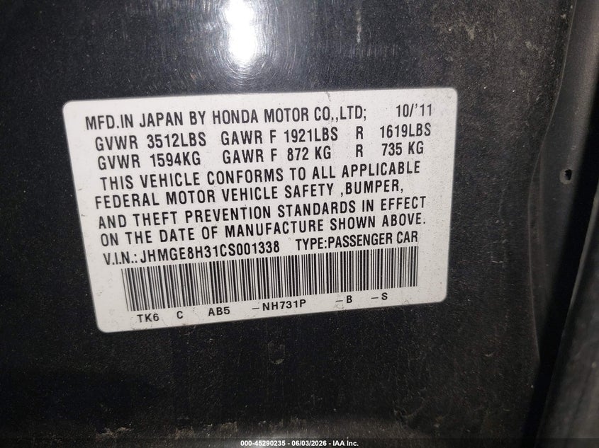 2012 Honda Fit VIN: JHMGE8H31CS001338 Lot: 45290235