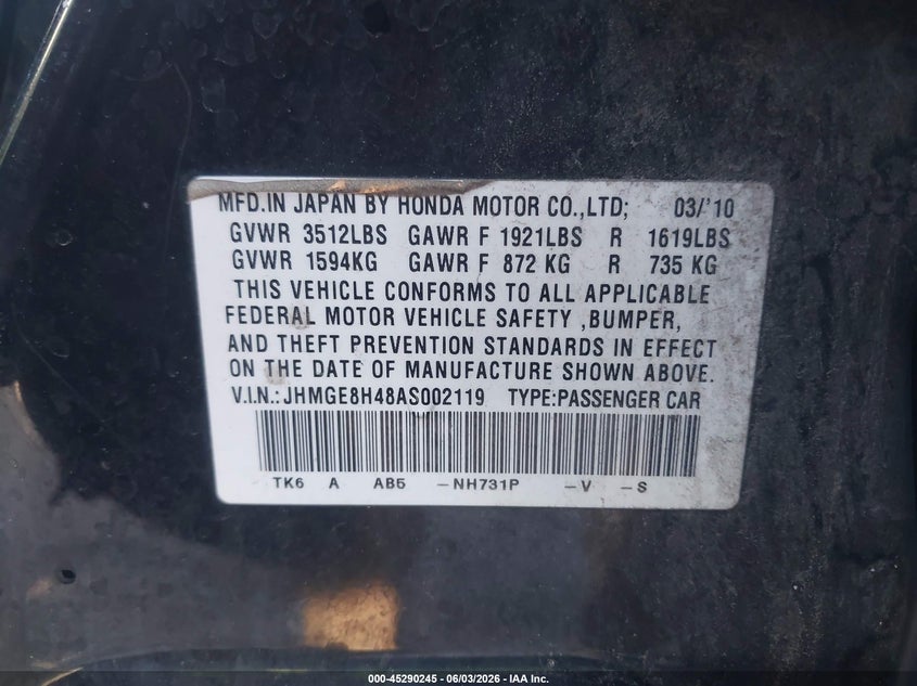 2010 Honda Fit Sport VIN: JHMGE8H48AS002119 Lot: 45290245