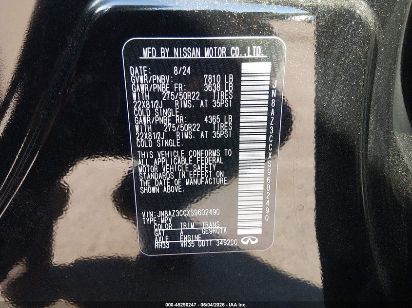 2025 Infiniti Qx80 Autograph Awd VIN: JN8AZ3CCXS9602490 Lot: 45290247
