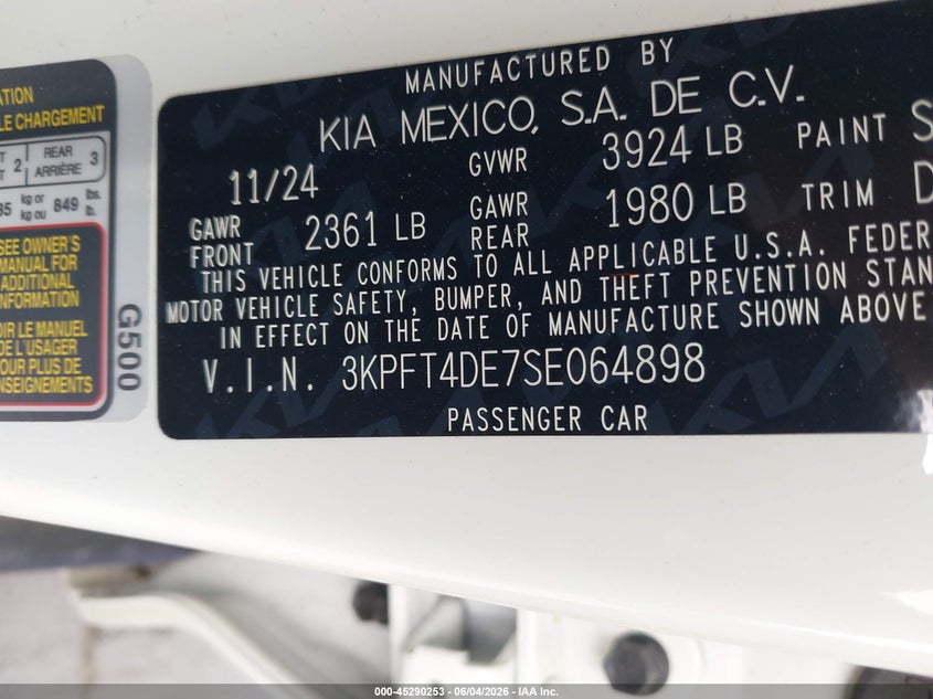 2025 Kia K4 Lxs VIN: 3KPFT4DE7SE064898 Lot: 45290253