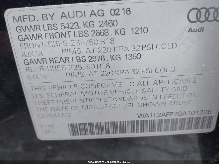2016 Audi Q5 2.0T Premium VIN: WA1L2AFP7GA101228 Lot: 45290270