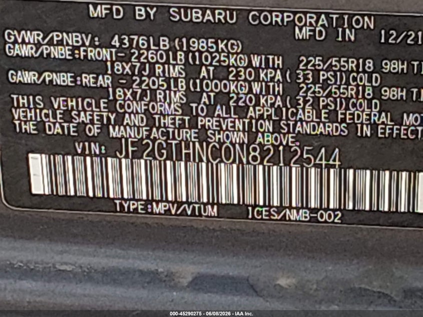 2022 SUBARU CROSSTREK 2.5L H-4 DI, DOHC, V(VIN: JF2GTHNC0N8212544