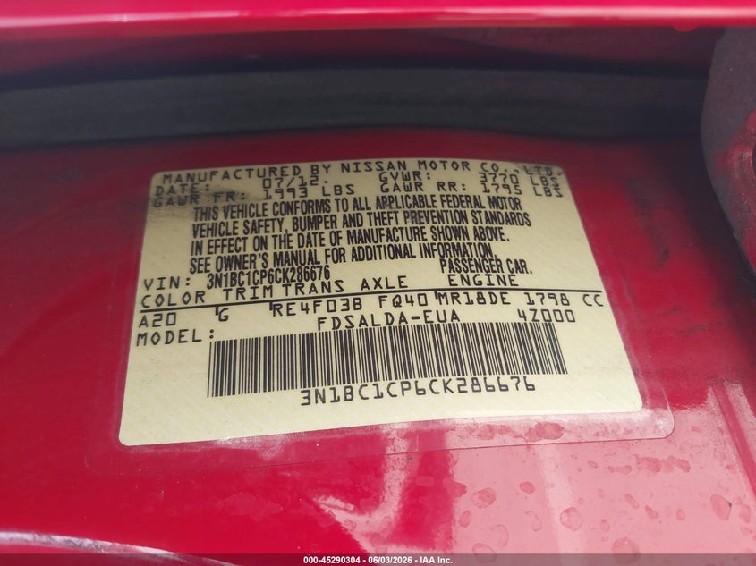 2012 Nissan Versa 1.8 1.8 S red Lot 111045290304 Vin 3N1BC1CP6CK286676
