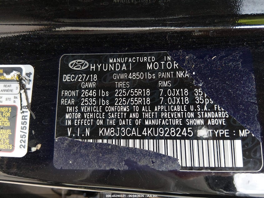 2019 Hyundai Tucson Sel VIN: KM8J3CAL4KU928245 Lot: 45290321