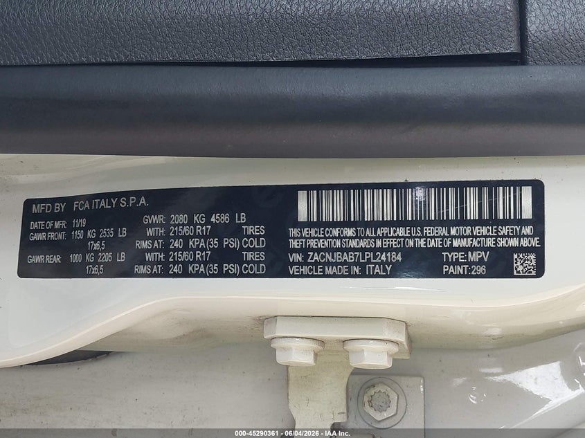 2020 Jeep Renegade Upland 4X4 VIN: ZACNJBAB7LPL24184 Lot: 45290361