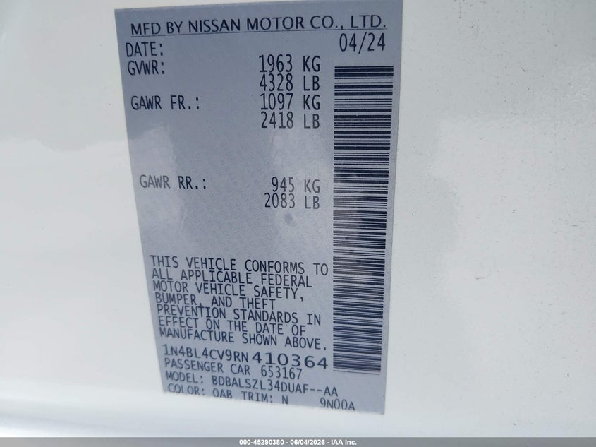 VIN 1N4BL4CV9RN410364 2024 NISSAN ALTIMA SR FWD
