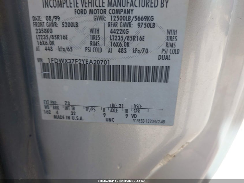 2000 Ford F-350 Lariat/Xl/Xlt VIN: 1FDWX37F2YEA20701 Lot: 45290411