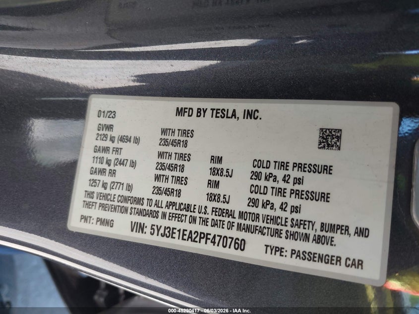 2023 Tesla Model 3 Rear-Wheel Drive VIN: 5YJ3E1EA2PF470760 Lot: 45290417