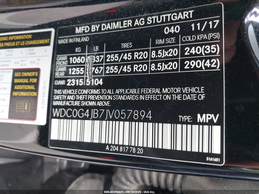 2018 Mercedes-Benz Glc 300 VIN: WDC0G4JB7JV057894 Lot: 45290431
