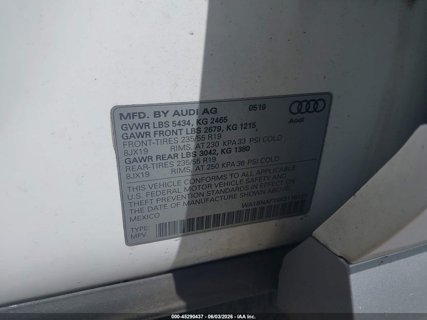 2019 Audi Q5 45 Premium VIN: WA1BNAFY9K2116120 Lot: 45290437