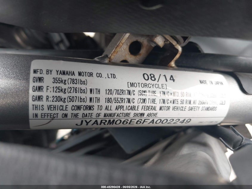 2015 Yamaha Fz07 VIN: JYARM06E6FA002249 Lot: 45290439