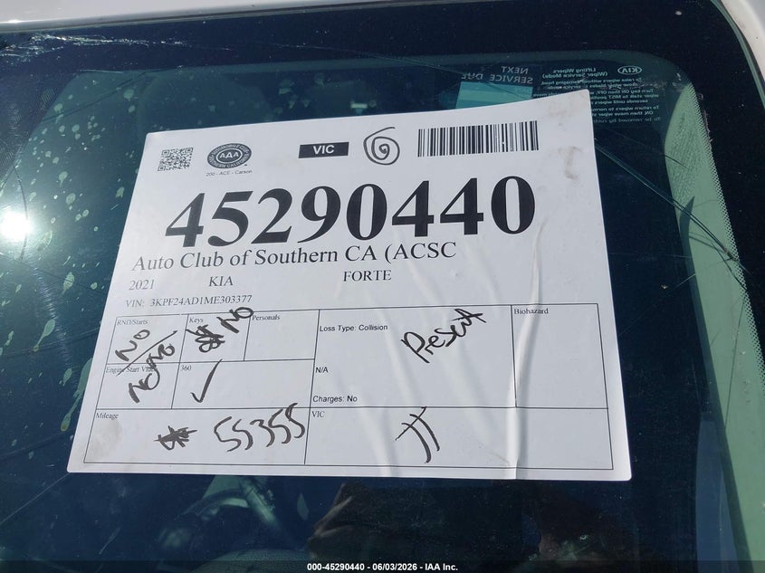2021 Kia Forte Lxs VIN: 3KPF24AD1ME303377 Lot: 45290440