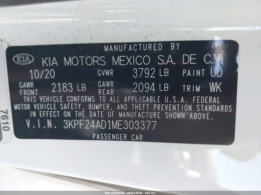 2021 Kia Forte Lxs VIN: 3KPF24AD1ME303377 Lot: 45290440