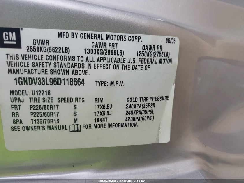 2006 Chevrolet Uplander Lt VIN: 1GNDV33106D118664 Lot: 45290484