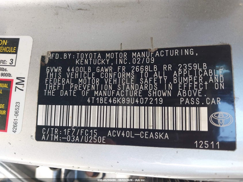 2009 Toyota Camry Se VIN: 4T1BE46K89U407219 Lot: 45290496