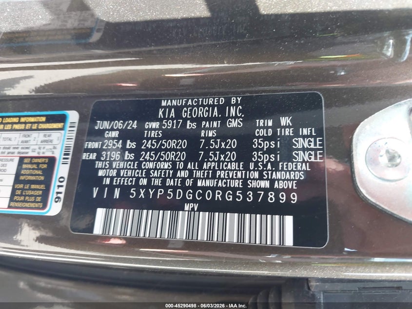2024 Kia Telluride Sx Prestige X-Line VIN: 5XYP5DGC0RG537899 Lot: 45290498