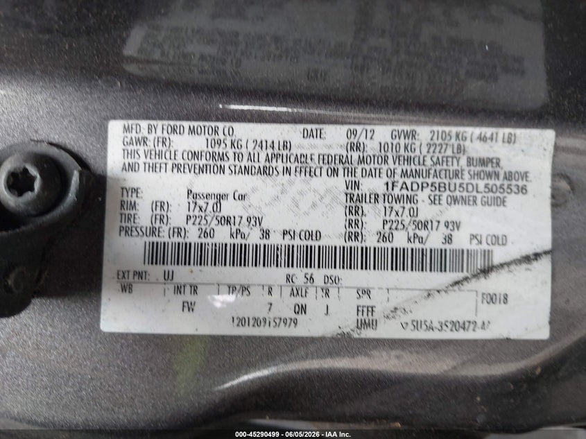 2013 Ford C-Max Hybrid Sel VIN: 1FADP5BU5DL505536 Lot: 45290499