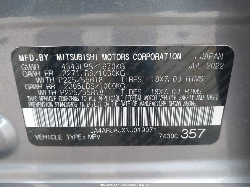2022 Mitsubishi Outlander Sport 2.0 Be Awc/2.0 Es Awc/2.0 Le Awc/2.0 Se Awc/2.0 Se Special Edition Awc VIN: JA4ARUAUXNU019071 Lot: 45290517