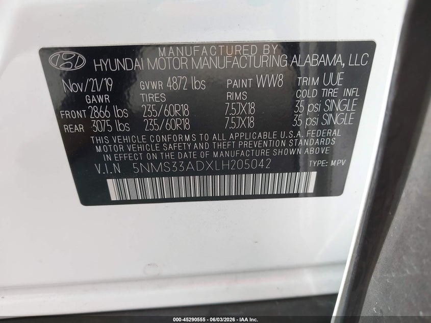 2020 Hyundai Santa Fe Sel VIN: 5NMS33ADXLH205042 Lot: 45290555