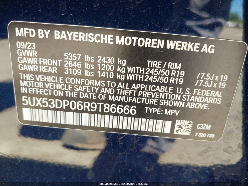2024 BMW X3 xDrive30I VIN: 5UX53DP06R9T86666 Lot: 45290559