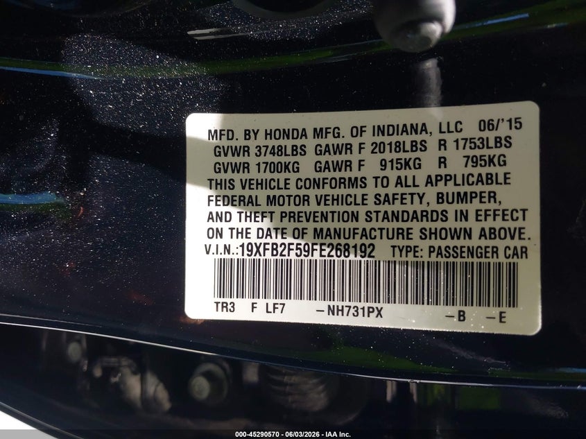 2015 HONDA CIVIC SEDAN 1.8L I-4 VVT, 143HP