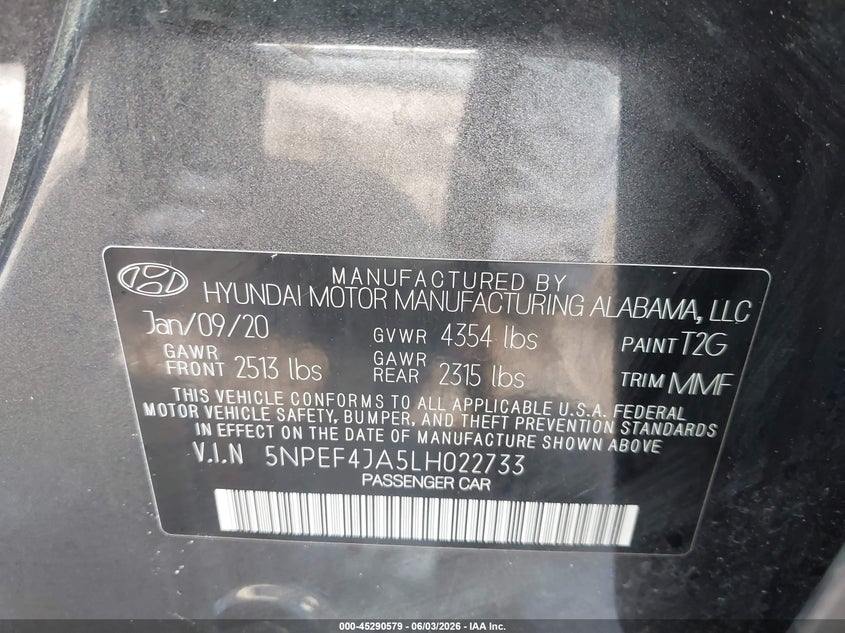2020 Hyundai Sonata Sel VIN: 5NPEF4JA5LH022733 Lot: 45290579