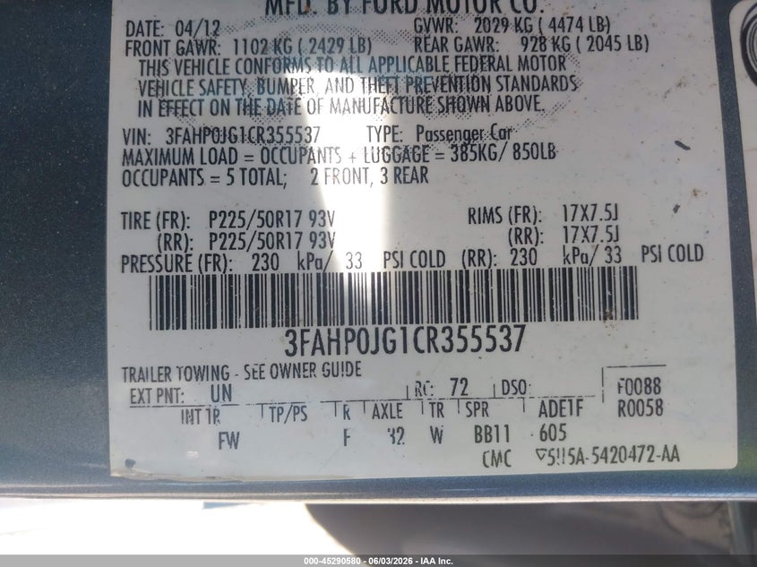 2012 Ford Fusion Sel VIN: 3FAHP0JG1CR355537 Lot: 45290580