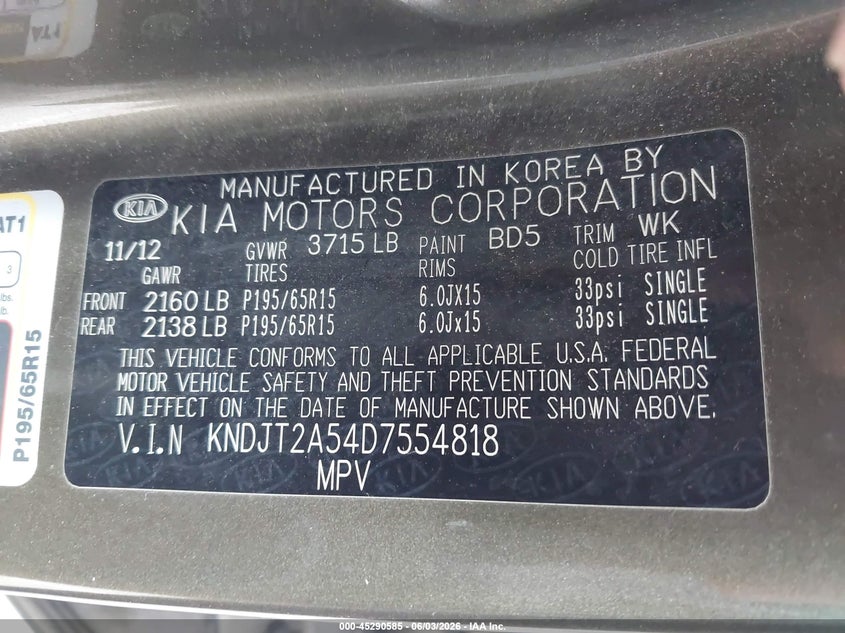 2013 Kia Soul VIN: KNDJT2A54D7554818 Lot: 45290585