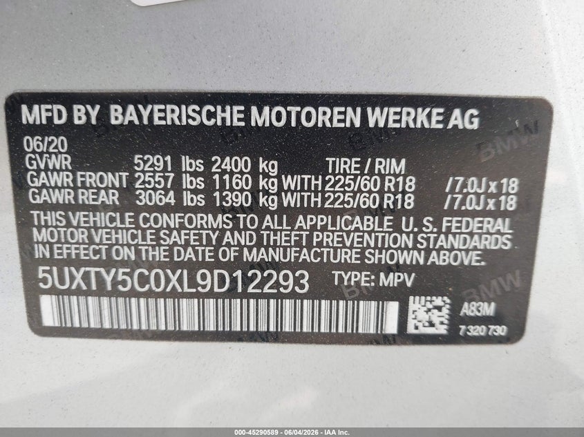2020 BMW X3 xDrive30I VIN: 5UXTY5C0XL9D12293 Lot: 45290589