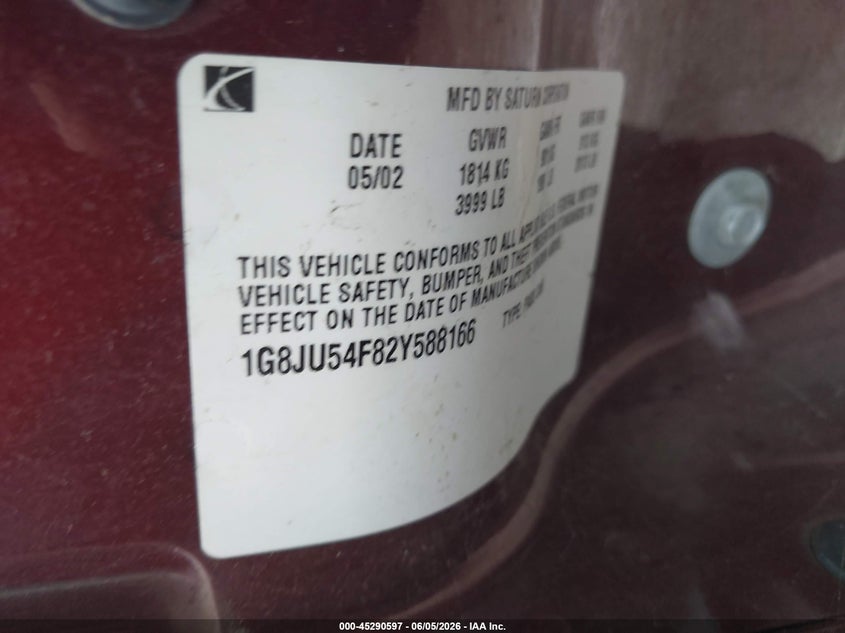 2002 Saturn L-Series L200 VIN: 1G8JU54F82Y588166 Lot: 45290597