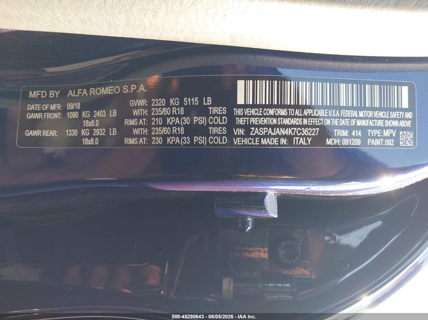 2019 Alfa Romeo Stelvio Rwd VIN: ZASPAJAN4K7C36227 Lot: 45290643