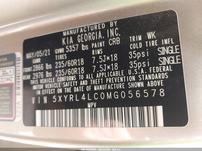 2021 Kia Sorento S VIN: 5XYRL4LC0MG056578 Lot: 45290655