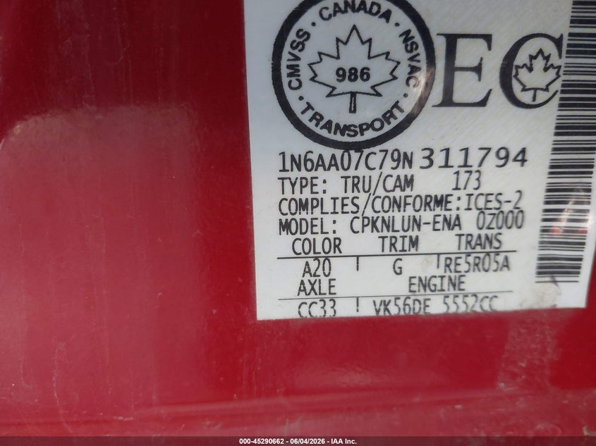 2009 Nissan Titan Xe VIN: 1N6AA07C79N311794 Lot: 45290662