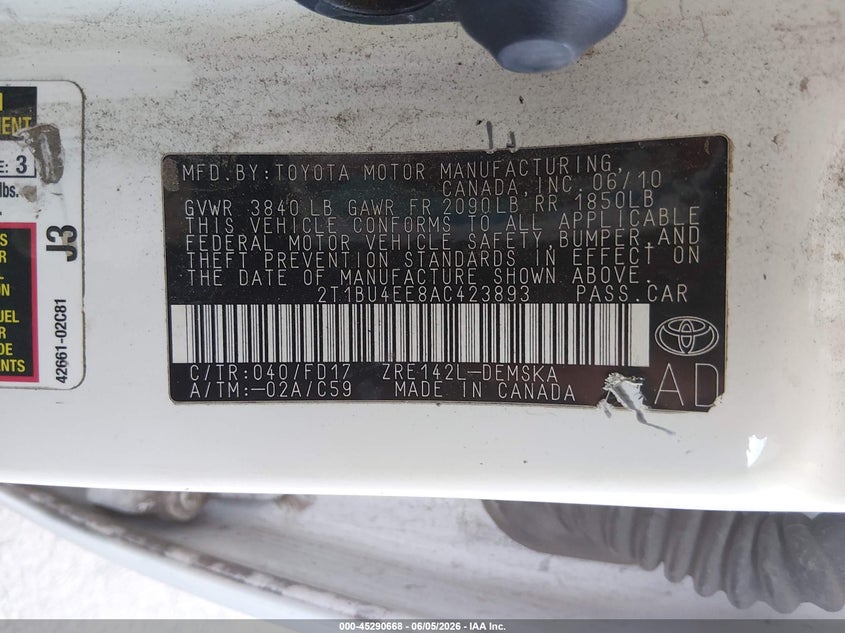 2010 TOYOTA COROLLA SEDAN 1.8L I-4 DOHC, VVT, 132HP