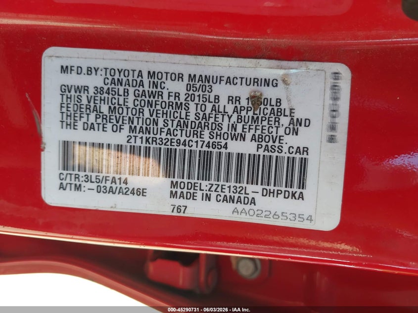2004 Toyota Matrix Standard VIN: 2T1KR32E94C174654 Lot: 45290731
