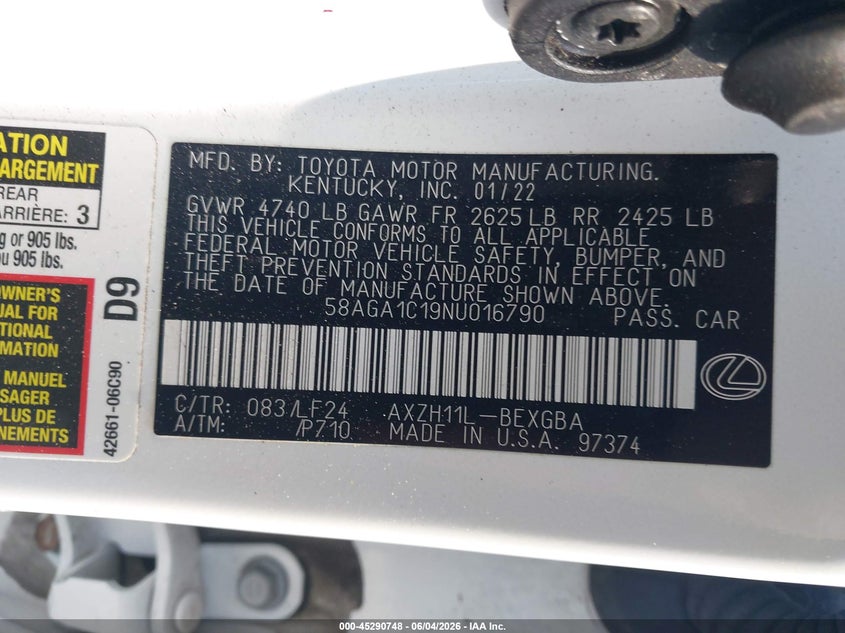 2022 Lexus Es 300H F Sport VIN: 58AGA1C19NU016790 Lot: 45290748
