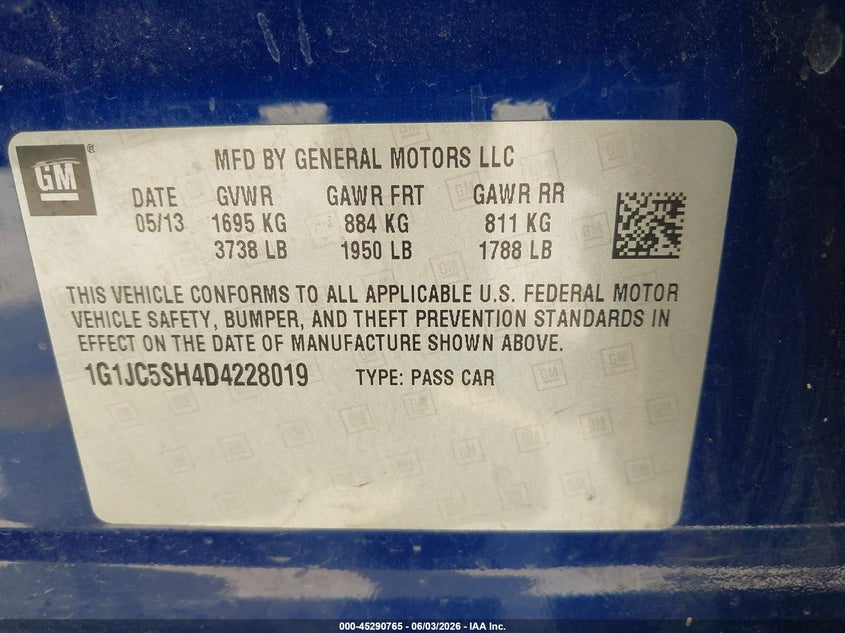 2013 Chevrolet Sonic Lt Auto VIN: 1G1JC5SH4D4228019 Lot: 45290765