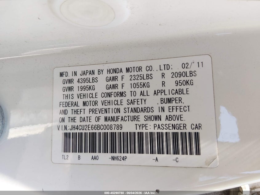 2011 Acura Tsx 2.4 VIN: JH4CU2E66BC008789 Lot: 45290780