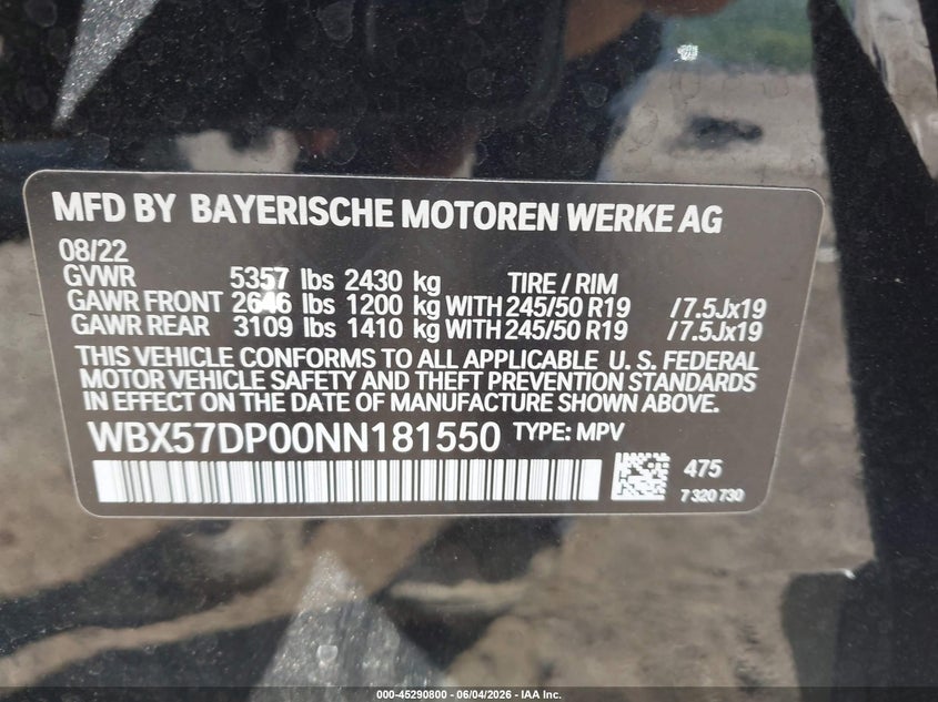2022 BMW X3 xDrive30I VIN: WBX57DP00NN181550 Lot: 45290800