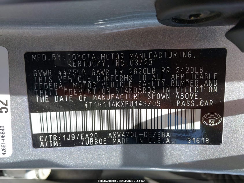 2023 Toyota Camry Se VIN: 4T1G11AKXPU149709 Lot: 45290801