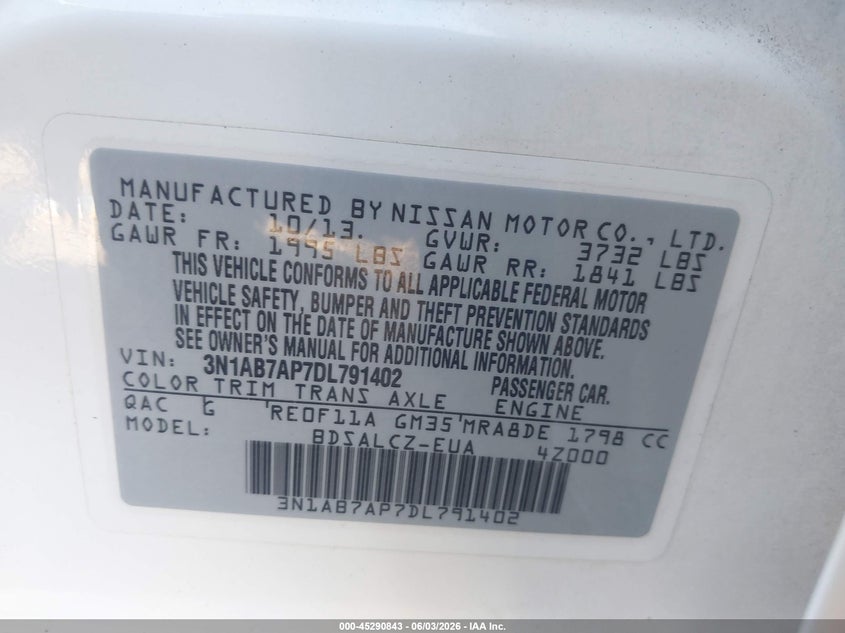 2013 Nissan Sentra S VIN: 3N1AB7AP7DL791402 Lot: 45290843