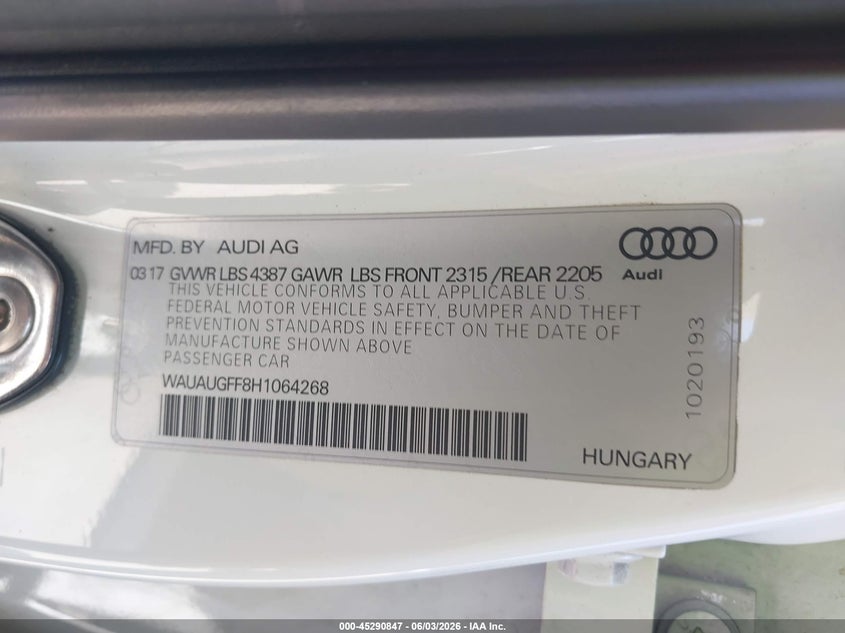 2017 Audi A3 2.0T Premium VIN: WAUAUGFF8H1064268 Lot: 45290847