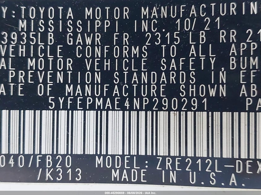 2022 TOYOTA COROLLA 1.8L I-4 DOHC, VVT, (VIN: 5YFEPMAE4NP290291